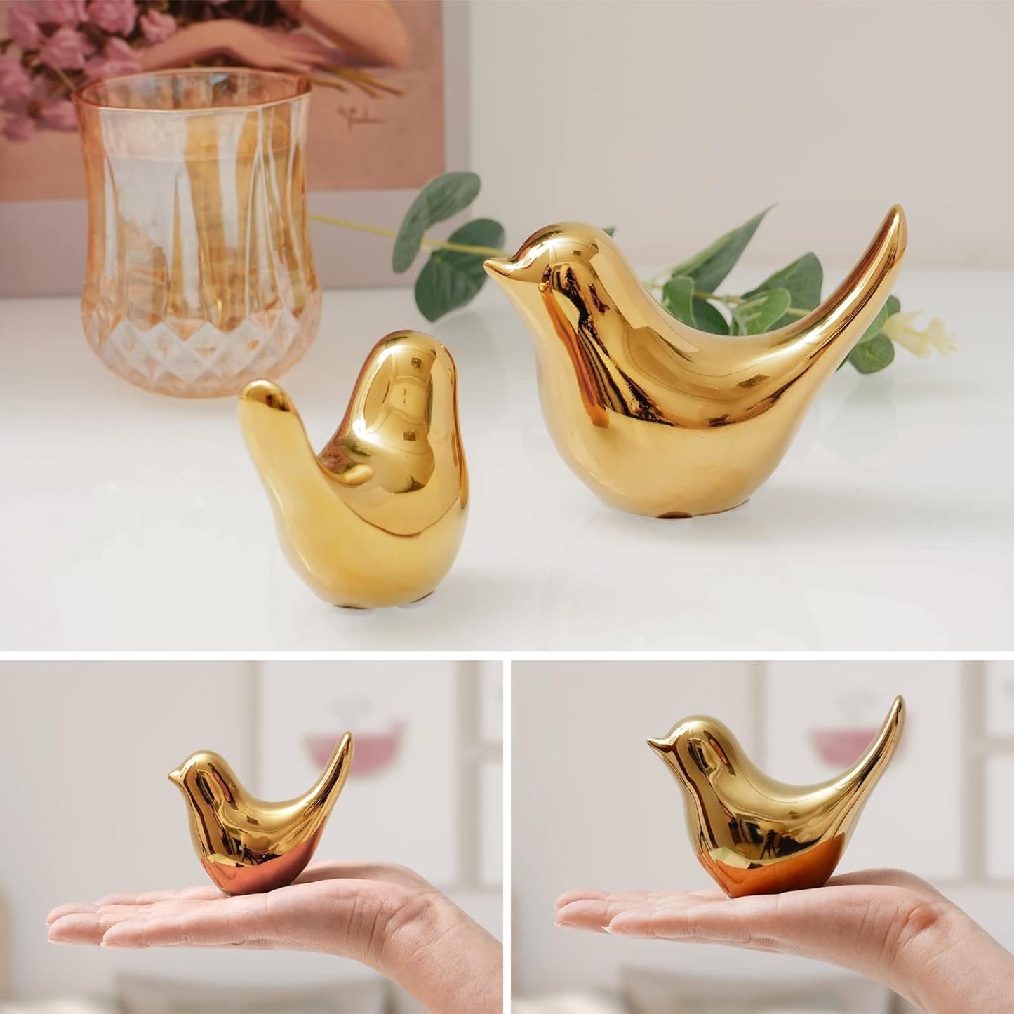 Keskriva Ceramic Blessing Birds Figurine for Home Decor Living Room, Bedroom, Office Desk, Cabinets Small Animal Statues Cute Modern Love Statue Sculpture Solid Luxurious Fashionable(Pack of 2,Golden