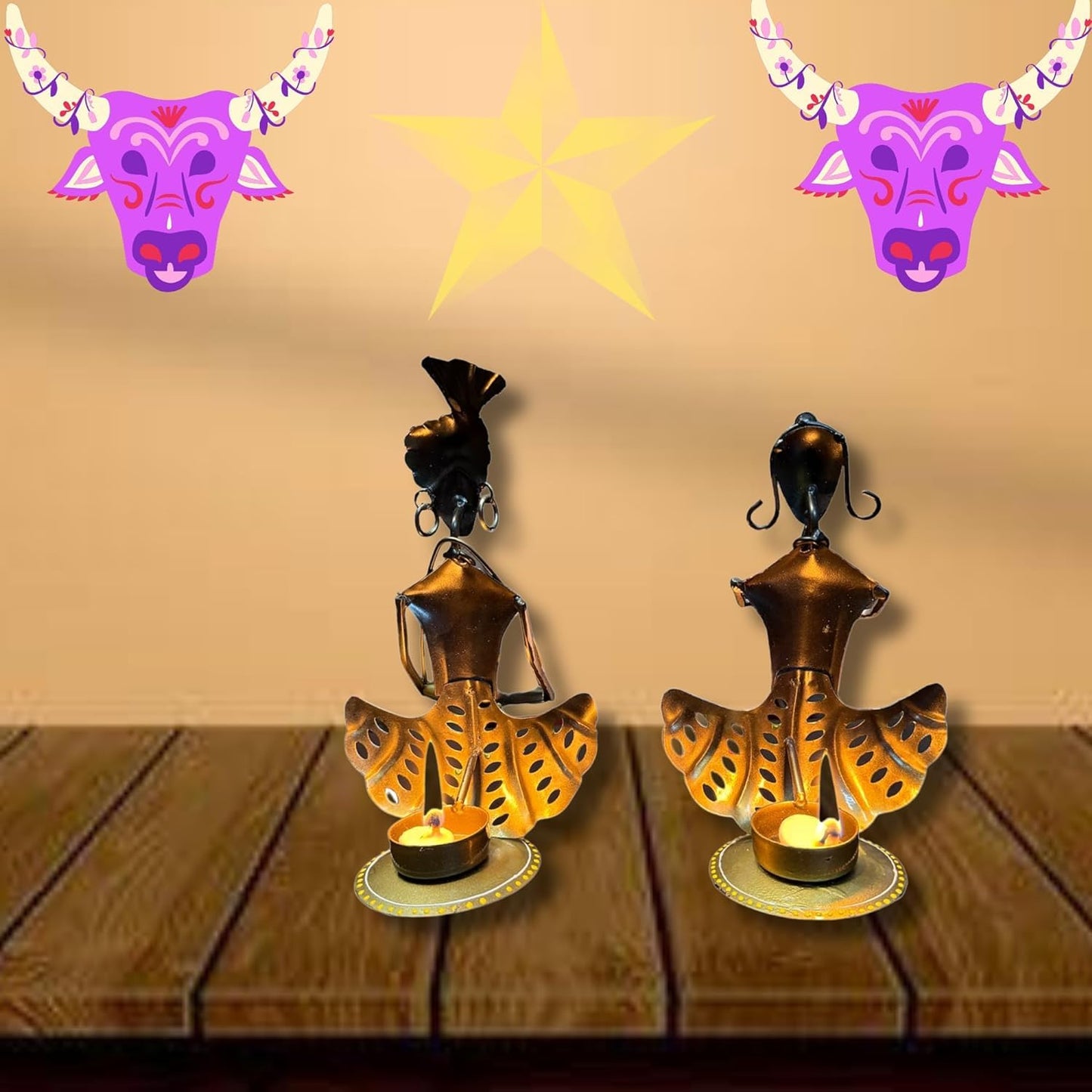 pranjals house Tribal Rajasthani Musician Metal Showpiece, Idol & Statue for Home Living Room Office Bedroom Table Top with Tealight Holder, Perfect for Gifting Size-8.5 x 5 Inches