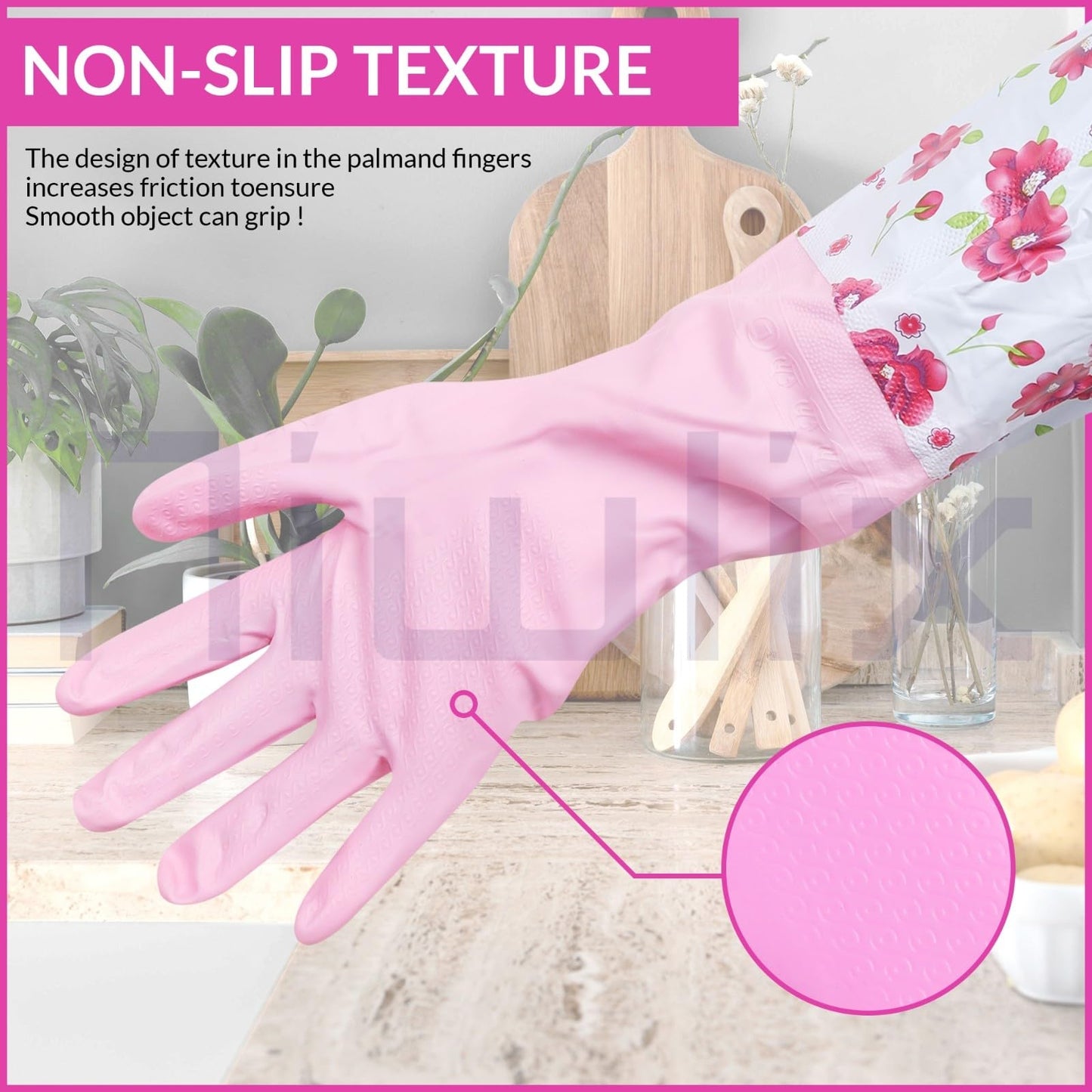 Niwlix Hand Gloves For Kitchen Dishwashing, Gardening, Cleaning Non-Slippery & Durable Long Elbow Length (Pink)