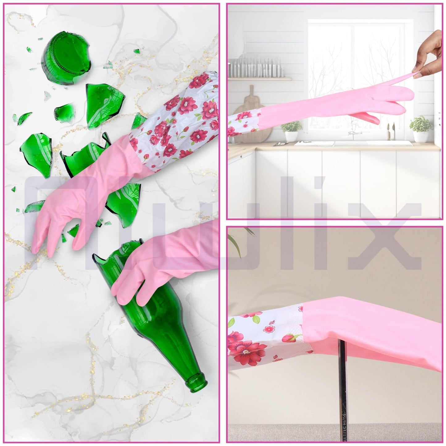 Niwlix Hand Gloves For Kitchen Dishwashing, Gardening, Cleaning Non-Slippery & Durable Long Elbow Length (Pink)