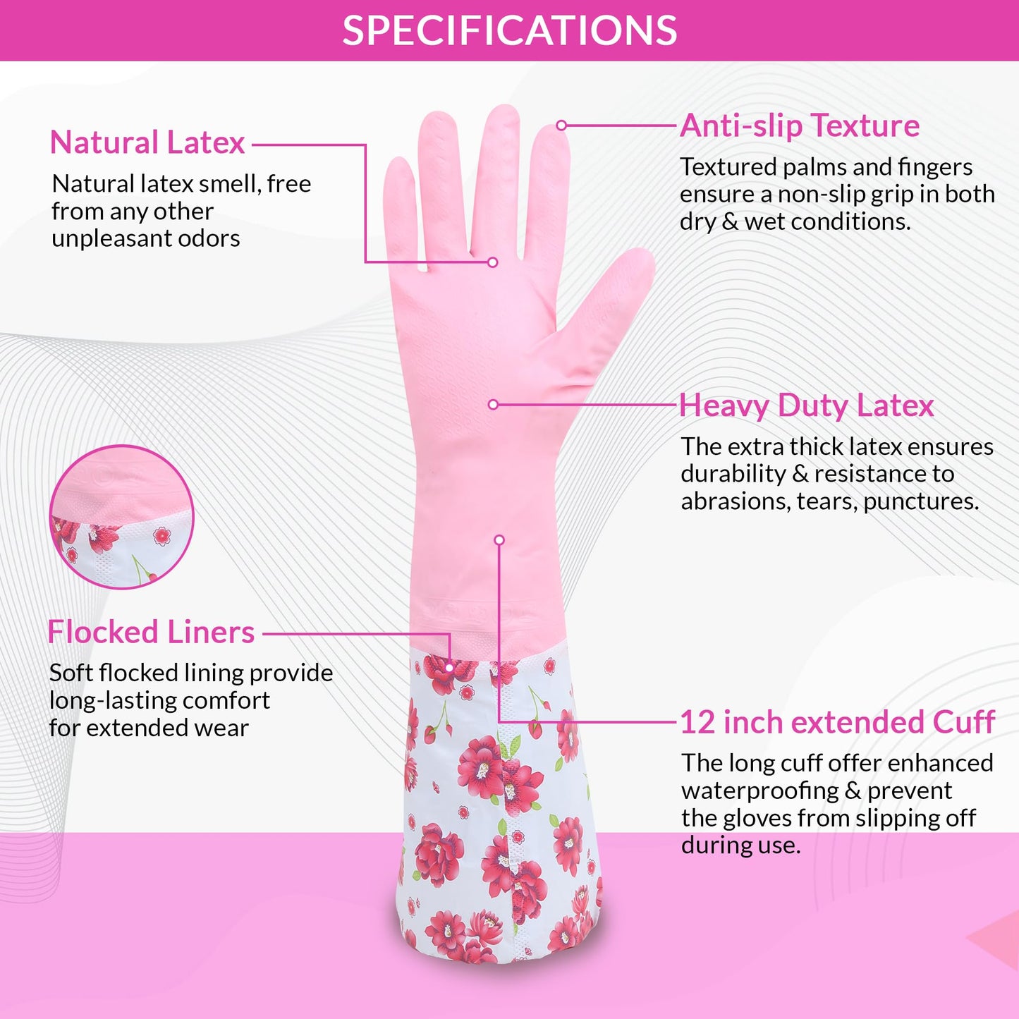 Niwlix Hand Gloves For Kitchen Dishwashing, Gardening, Cleaning Non-Slippery & Durable Long Elbow Length (Pink)