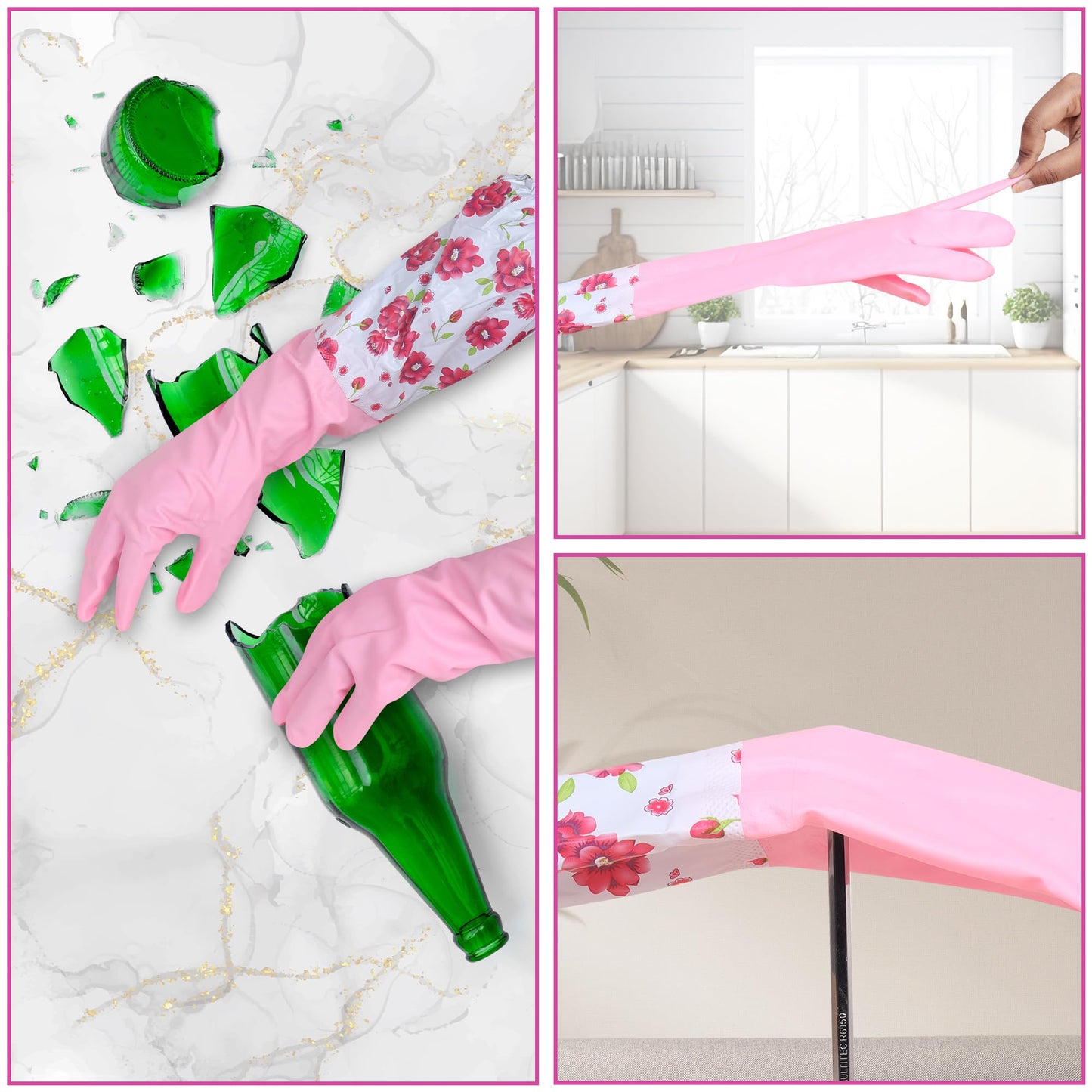 Niwlix Hand Gloves For Kitchen Dishwashing, Gardening, Cleaning Non-Slippery & Durable Long Elbow Length (Pink)
