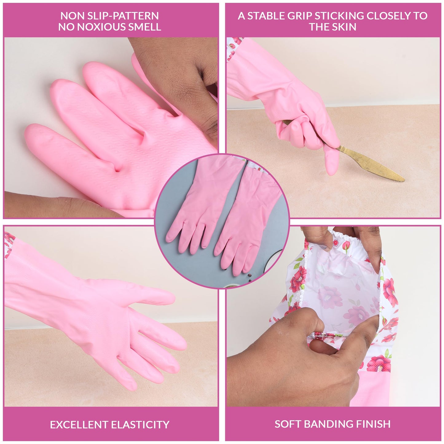 Niwlix Hand Gloves For Kitchen Dishwashing, Gardening, Cleaning Non-Slippery & Durable Long Elbow Length (Pink)