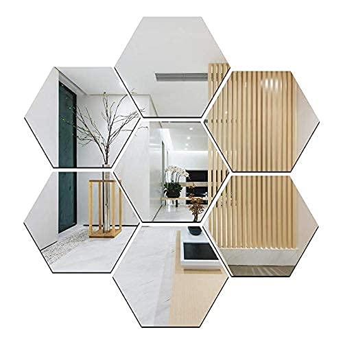 Bnezz -7 Hexagon Mirror Wall Stickers for Size (10.5X12.1) Cm Acrylic Bedroom Bathroom Kitchen Living Room Decoration Items (Pack of -E-7Hexasilver) Silver, Octagonal