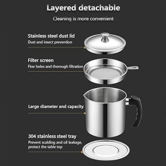 BLIXCOM Oil Strainer Pot Grease Can - Stainless Steel Cooking Grease Container,Reuse Oil Storage (Best Oil Shaver) Can Container with Removable Filter Anti-Scalding Handheld, Lid for Cooking Oil -1.5L