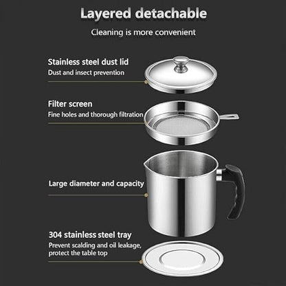 BLIXCOM Oil Strainer Pot Grease Can - Stainless Steel Cooking Grease Container,Reuse Oil Storage (Best Oil Shaver) Can Container with Removable Filter Anti-Scalding Handheld, Lid for Cooking Oil -1.5L
