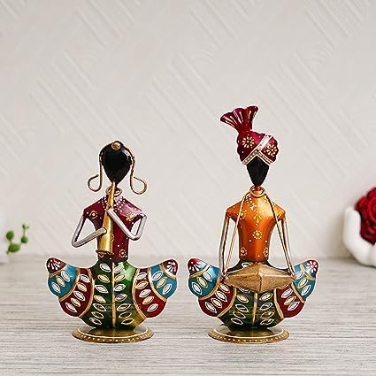 pranjals house Tribal Rajasthani Musician Metal Showpiece, Idol & Statue for Home Living Room Office Bedroom Table Top with Tealight Holder, Perfect for Gifting Size-8.5 x 5 Inches