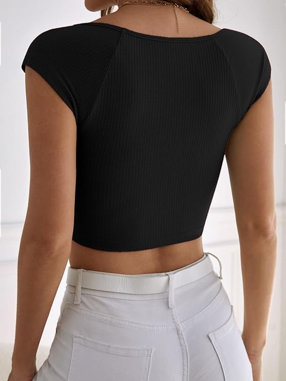 Stylish & Comfortable Black Square Neck Ribbed Crop Top for Women & Girls Half Sleeve Trendy & Fashionable Western
