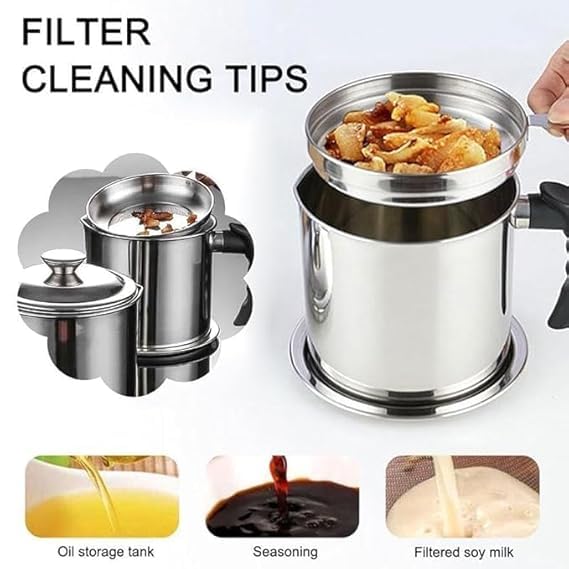 BLIXCOM Oil Strainer Pot Grease Can - Stainless Steel Cooking Grease Container,Reuse Oil Storage (Best Oil Shaver) Can Container with Removable Filter Anti-Scalding Handheld, Lid for Cooking Oil -1.5L
