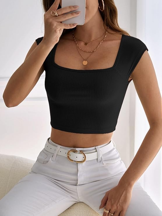 Stylish & Comfortable Black Square Neck Ribbed Crop Top for Women & Girls Half Sleeve Trendy & Fashionable Western