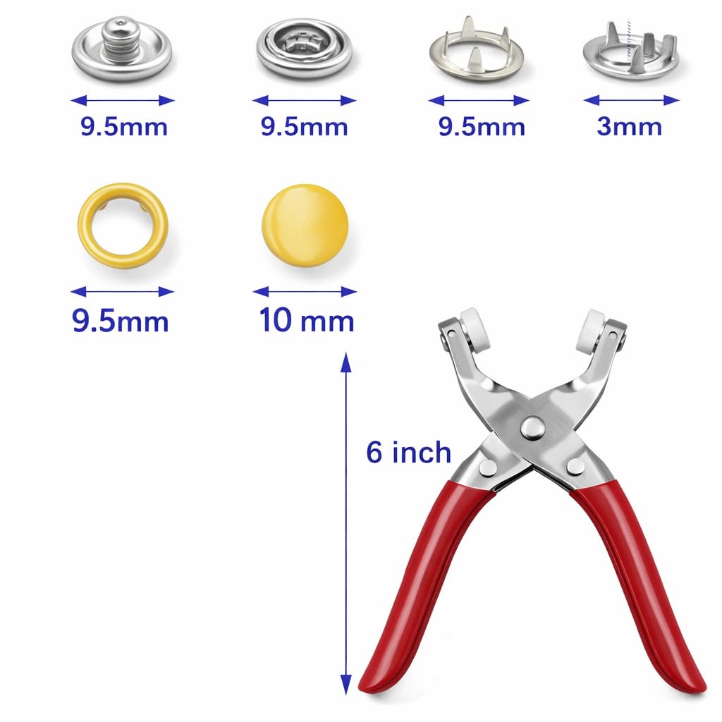 Coslifestore Premium Snap Button Fastener Tool Kit – 100 Sets 9.5mm Metal Fasteners with Hand Pliers Tool, Five-Claw Copper Buckles for Sewing, Garment Stapler, DIY Crafts, Baby Clothes, Leather, Hats, Bibs & Rompers