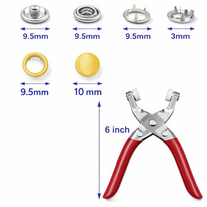 Coslifestore Premium Snap Button Fastener Tool Kit – 100 Sets 9.5mm Metal Fasteners with Hand Pliers Tool, Five-Claw Copper Buckles for Sewing, Garment Stapler, DIY Crafts, Baby Clothes, Leather, Hats, Bibs & Rompers