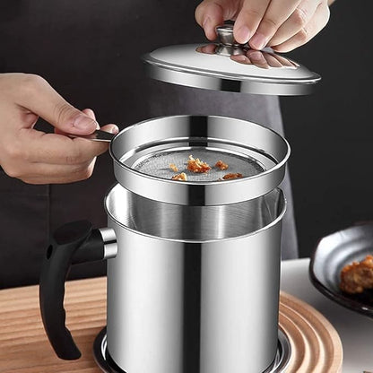 BLIXCOM Oil Strainer Pot Grease Can - Stainless Steel Cooking Grease Container,Reuse Oil Storage (Best Oil Shaver) Can Container with Removable Filter Anti-Scalding Handheld, Lid for Cooking Oil -1.5L