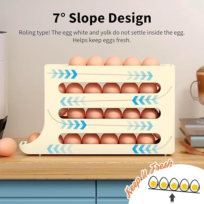 Automatic RollDown Refrigerator Tier Egg Rolling Dispenser, Holds up to 30 eggs, Holder for Fridge Storage - Gray,White