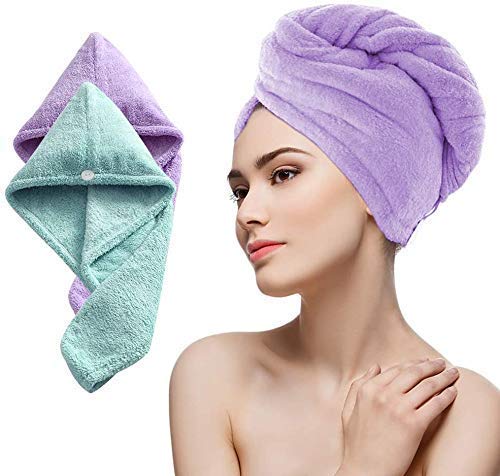 Fezora Hair Towel Wrap for Women – Quick Drying Microfiber Hair Turban with Elastic Loop – Super Absorbent Head Wrap Towel for Wet Hair, Frizz-Free Drying (Multicolor) Pack of 2