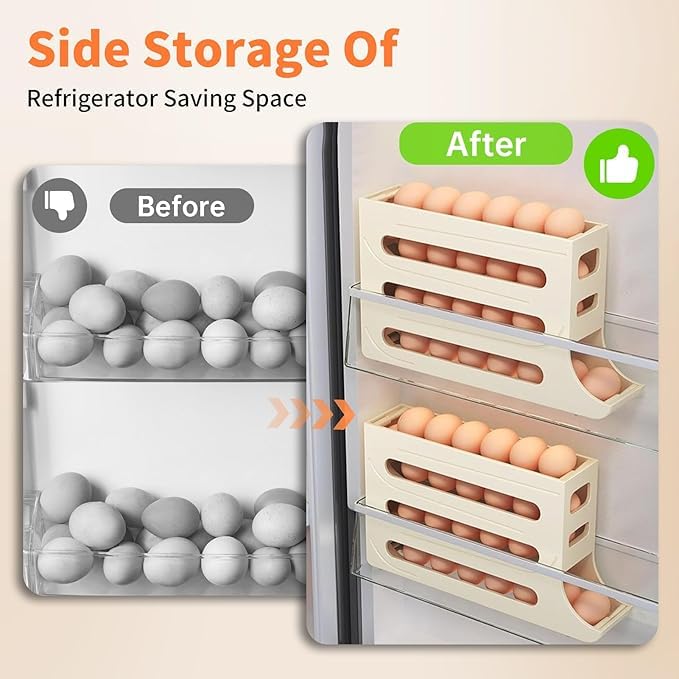 Automatic RollDown Refrigerator Tier Egg Rolling Dispenser, Holds up to 30 eggs, Holder for Fridge Storage - Gray,White