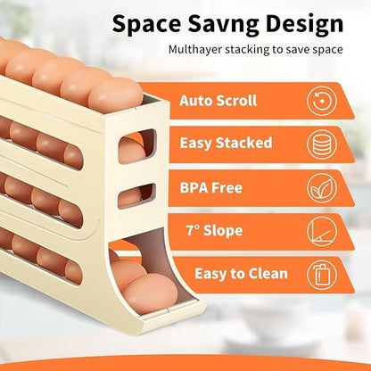 Automatic RollDown Refrigerator Tier Egg Rolling Dispenser, Holds up to 30 eggs, Holder for Fridge Storage - Gray,White