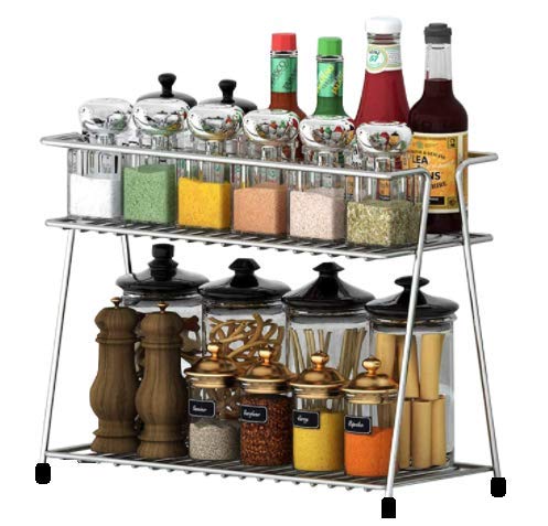 CreativeBuzz Multipurpose 2-Tier Stainless Steel Spice Rack Trolley Utensils/Dishes/Plates Organizer for Kitchen - (Silver, 1Pcs)