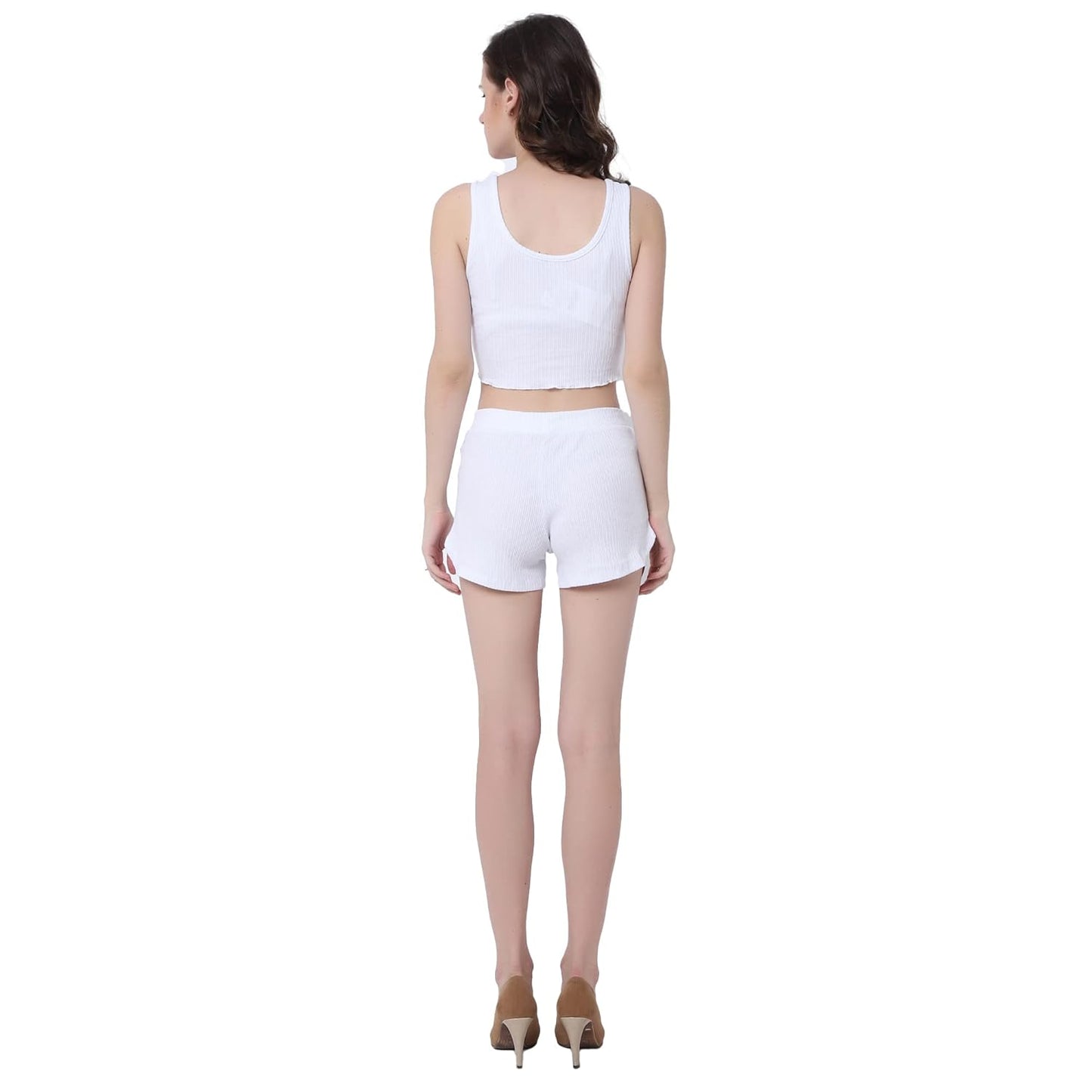 NoBarr Women's Regular Fit Cotton Two Piece Beachwear Top & Short White