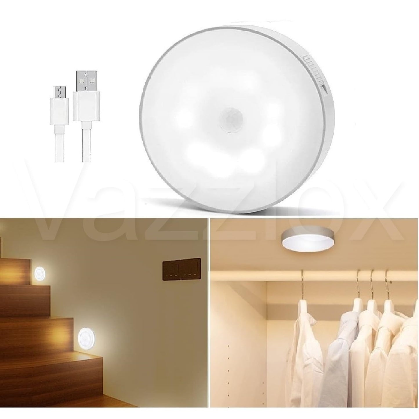 VazzLox Motion Sensor Light for Home (Pack of 2) with USB Charging Wireless Self Adhesive LED Body Induction Lamp Sensor Light for Wardrobe Lights with Sensor Night Light for Cupboard Stairs (White)