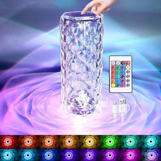 Gojeeva Crystal Rose Diamond Lamp for Party Dinner Décor Transparent Lamp for Bedroom, 16 Color Changing LED Night Lights with USB Remote or Touch Control 3D Night Lamp Light Pack of 1)