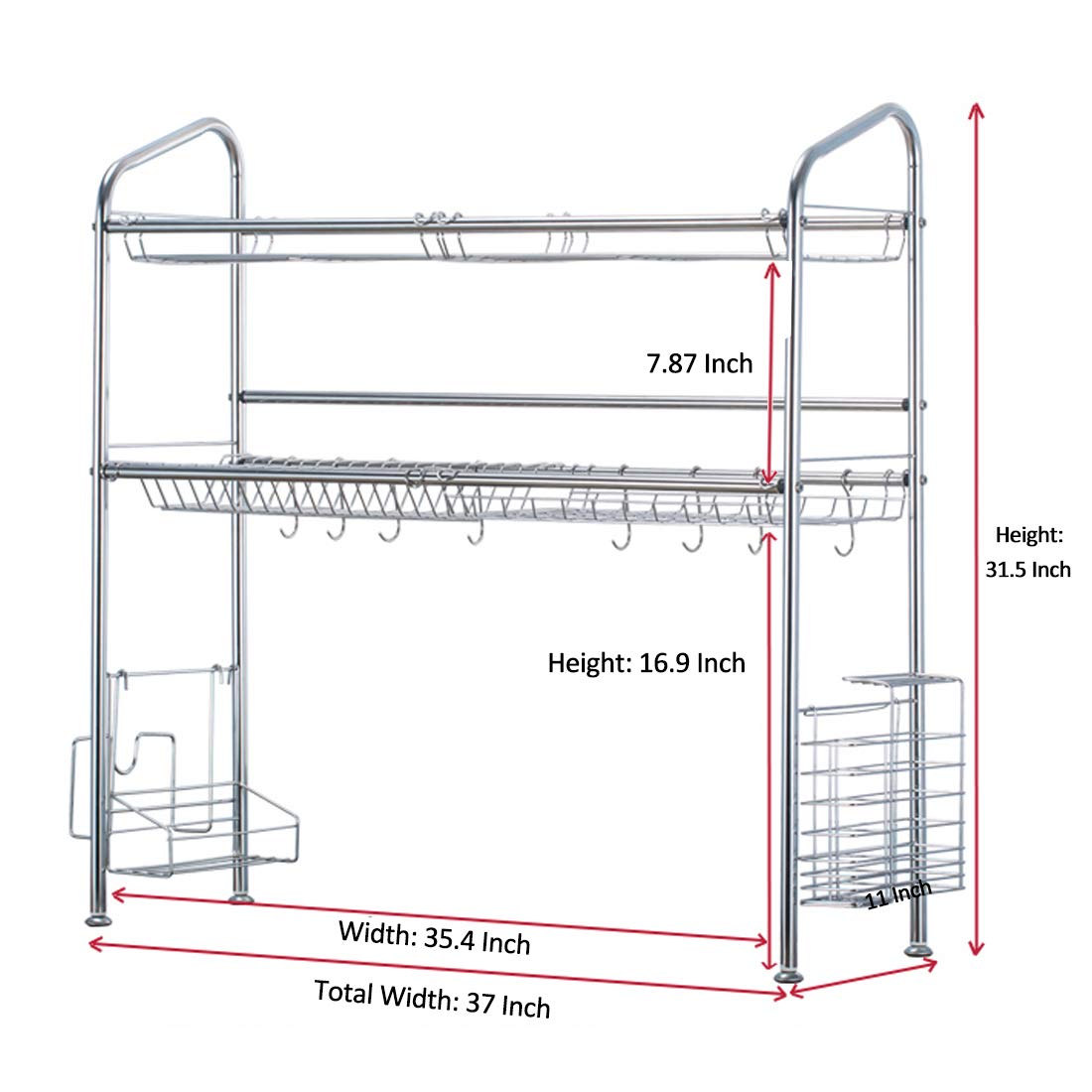 Over The Sink Dish Drying Rack, Haotrend Stainless Steel Dish Rack with Utensil Holder Hooks for Kitchen Counter Non-Slip (2-Tier Dish Rack, 37 inches)