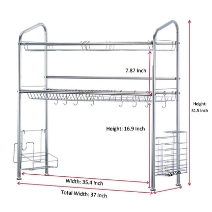 Over The Sink Dish Drying Rack, Haotrend Stainless Steel Dish Rack with Utensil Holder Hooks for Kitchen Counter Non-Slip (2-Tier Dish Rack, 37 inches)