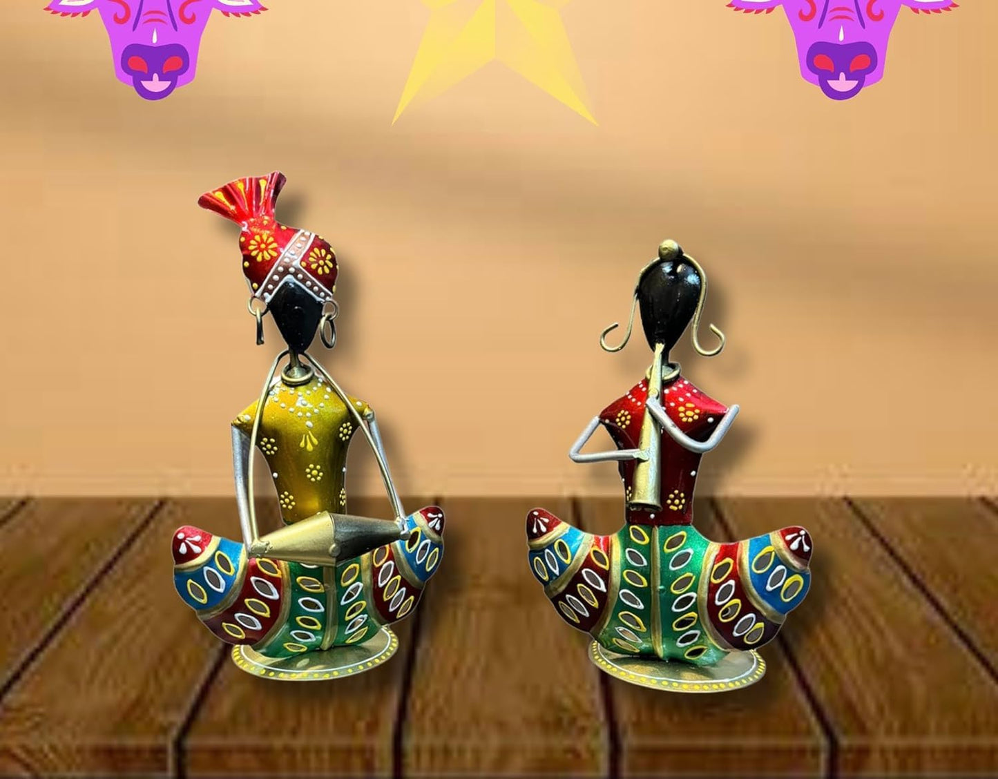 pranjals house Tribal Rajasthani Musician Metal Showpiece, Idol & Statue for Home Living Room Office Bedroom Table Top with Tealight Holder, Perfect for Gifting Size-8.5 x 5 Inches