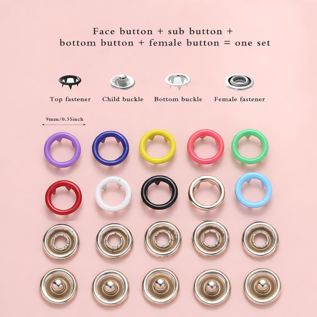 Coslifestore Premium Snap Button Fastener Tool Kit – 100 Sets 9.5mm Metal Fasteners with Hand Pliers Tool, Five-Claw Copper Buckles for Sewing, Garment Stapler, DIY Crafts, Baby Clothes, Leather, Hats, Bibs & Rompers