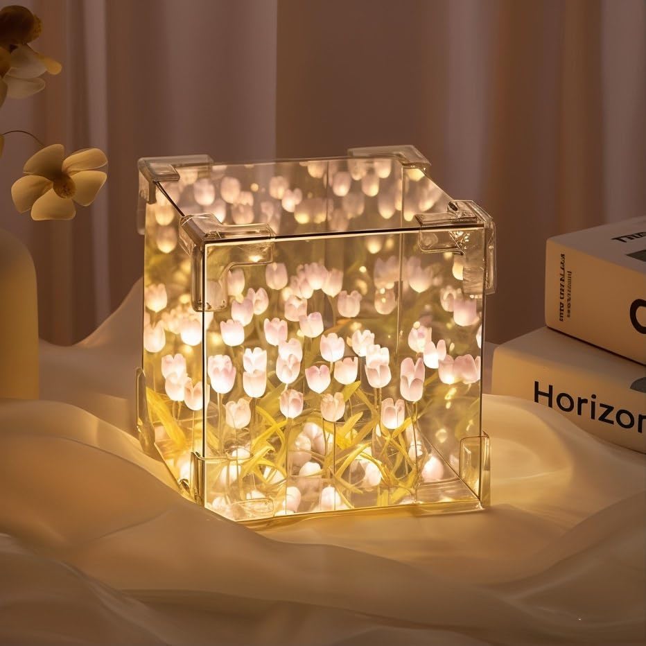 ROMJ Do It Yourself Aesthetic Tulip Cube Lamp – 20 LED Flowers for Desktop, Bedroom & Living Room Décor Best Birthday Gift