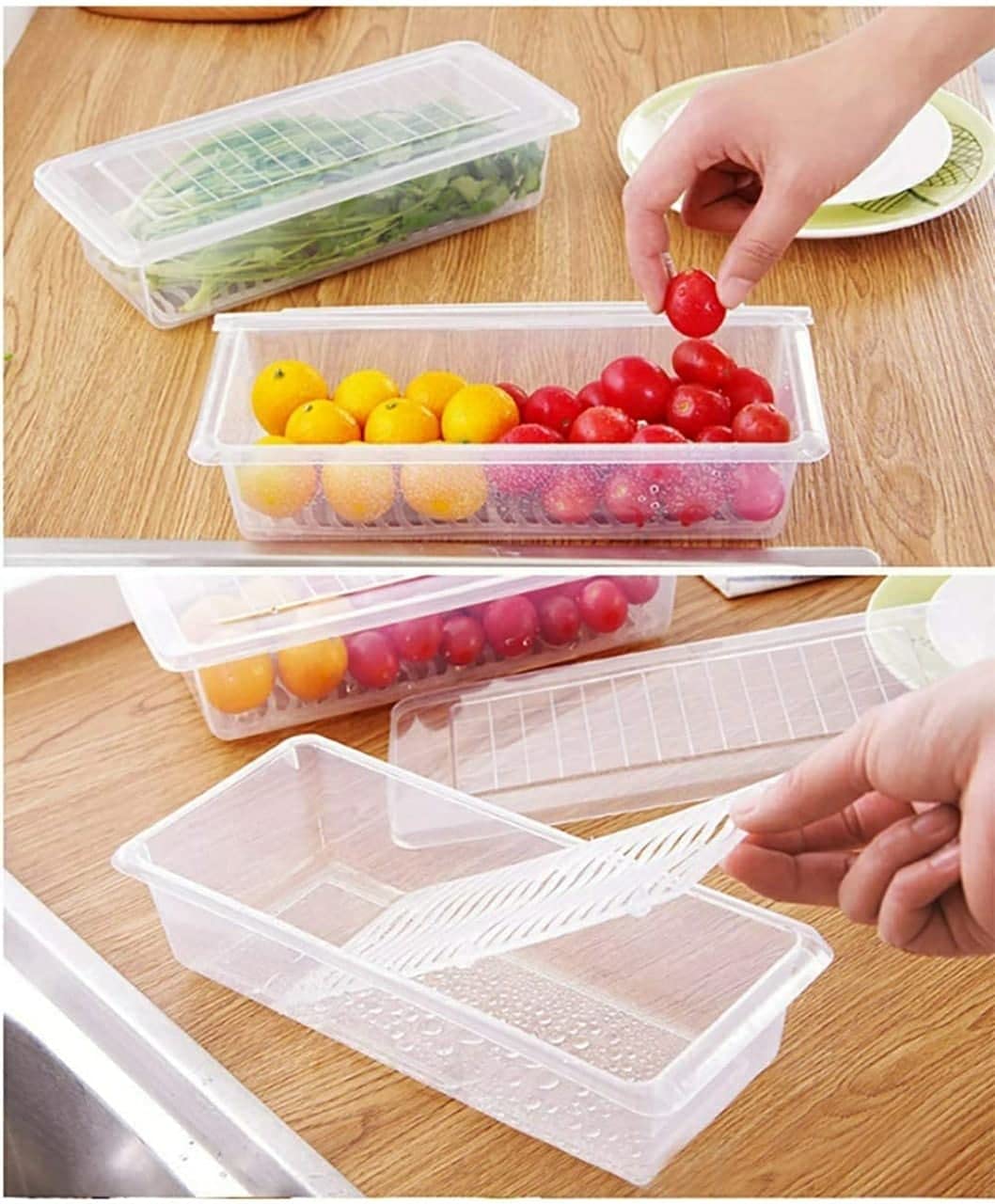 Food Storage Containers with Drain Plate – Stackable Fridge Box (Pack of 6)