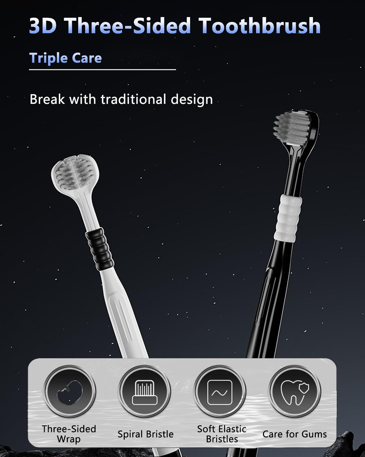 Plexaris 3-Sided Toothbrush for Adults (2-Pack, Soft Bristles with Tongue Cleaner)