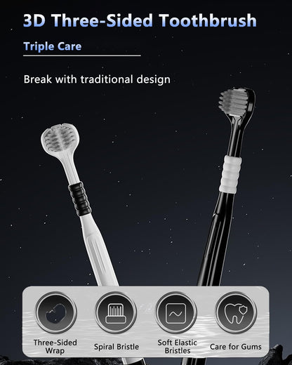 Plexaris 3-Sided Toothbrush for Adults (2-Pack, Soft Bristles with Tongue Cleaner)