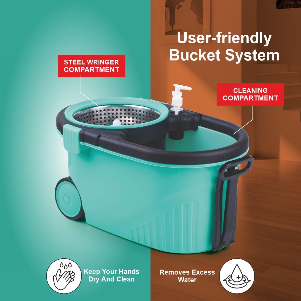 Homeor Stainless Steel Comfort Spin Mop with Big Wheel, Auto-fold Handle, Bucket Floor Cleaning and Mopping System 360° Flexible with 1 Refils, Blue
