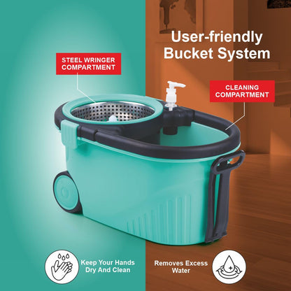 Homeor Stainless Steel Comfort Spin Mop with Big Wheel, Auto-fold Handle, Bucket Floor Cleaning and Mopping System 360° Flexible with 1 Refils, Blue