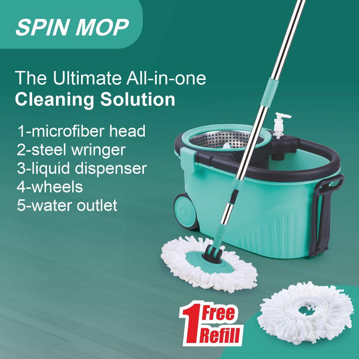 Homeor Stainless Steel Comfort Spin Mop with Big Wheel, Auto-fold Handle, Bucket Floor Cleaning and Mopping System 360° Flexible with 1 Refils, Blue