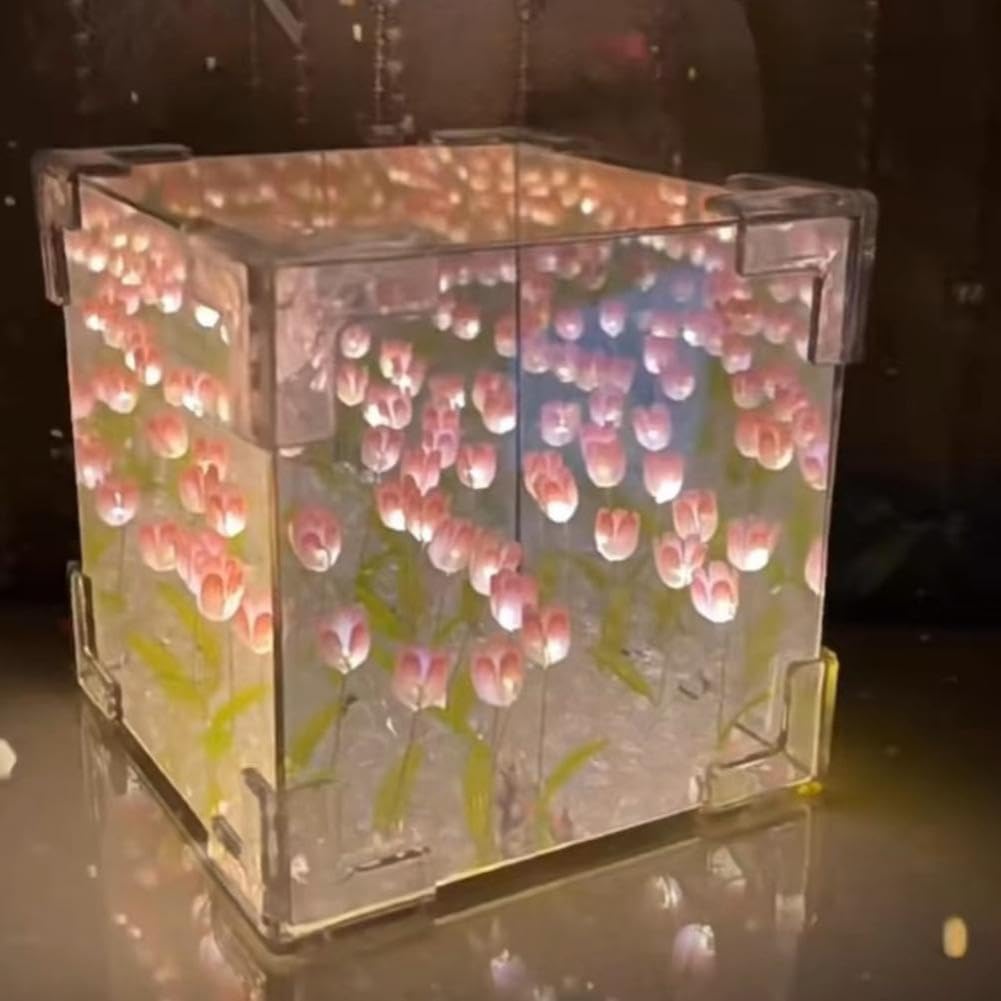 ROMJ Do It Yourself Aesthetic Tulip Cube Lamp – 20 LED Flowers for Desktop, Bedroom & Living Room Décor Best Birthday Gift