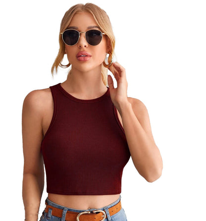 Istyle Can Women's & Girls' Solid Crew Neck Ribbed/Knitted Sleeveless Stretchable Slim Fit Crop Tank Top