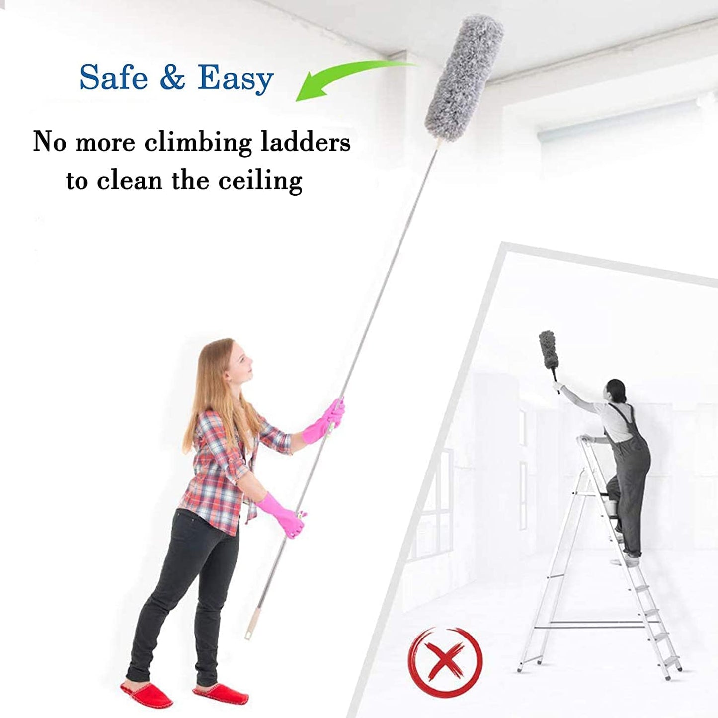 Microfiber Feather Duster Bendable & Extendable Fan Cleaning Mop with Long Rod 100 inches Expandable Pole Handle
