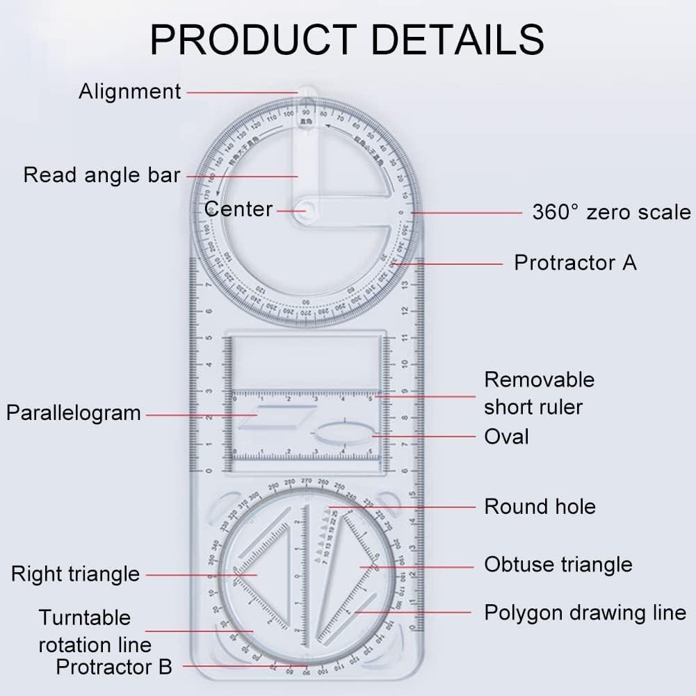 360 Degree Multi Angle Ruler Multifunctional Geometric Ruler, Drawing Stencil, Scale Measuring Tool, Mathematics Ruler, for School, Office, Architectural Supplies, Creative Maths Learning Aids