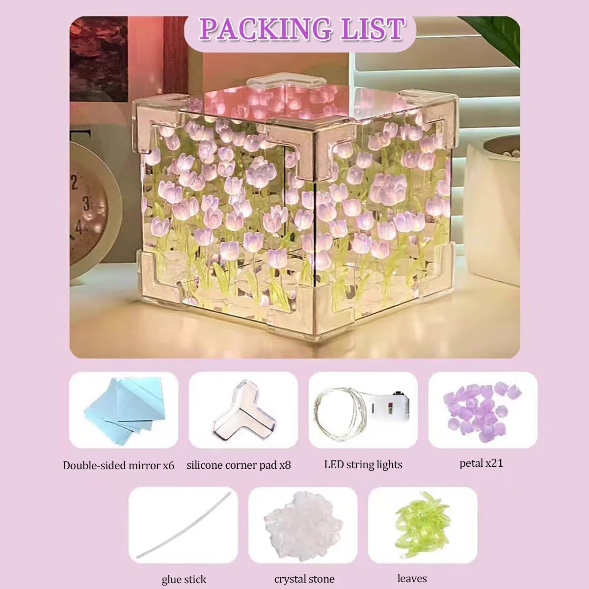 ROMJ Do It Yourself Aesthetic Tulip Cube Lamp – 20 LED Flowers for Desktop, Bedroom & Living Room Décor Best Birthday Gift