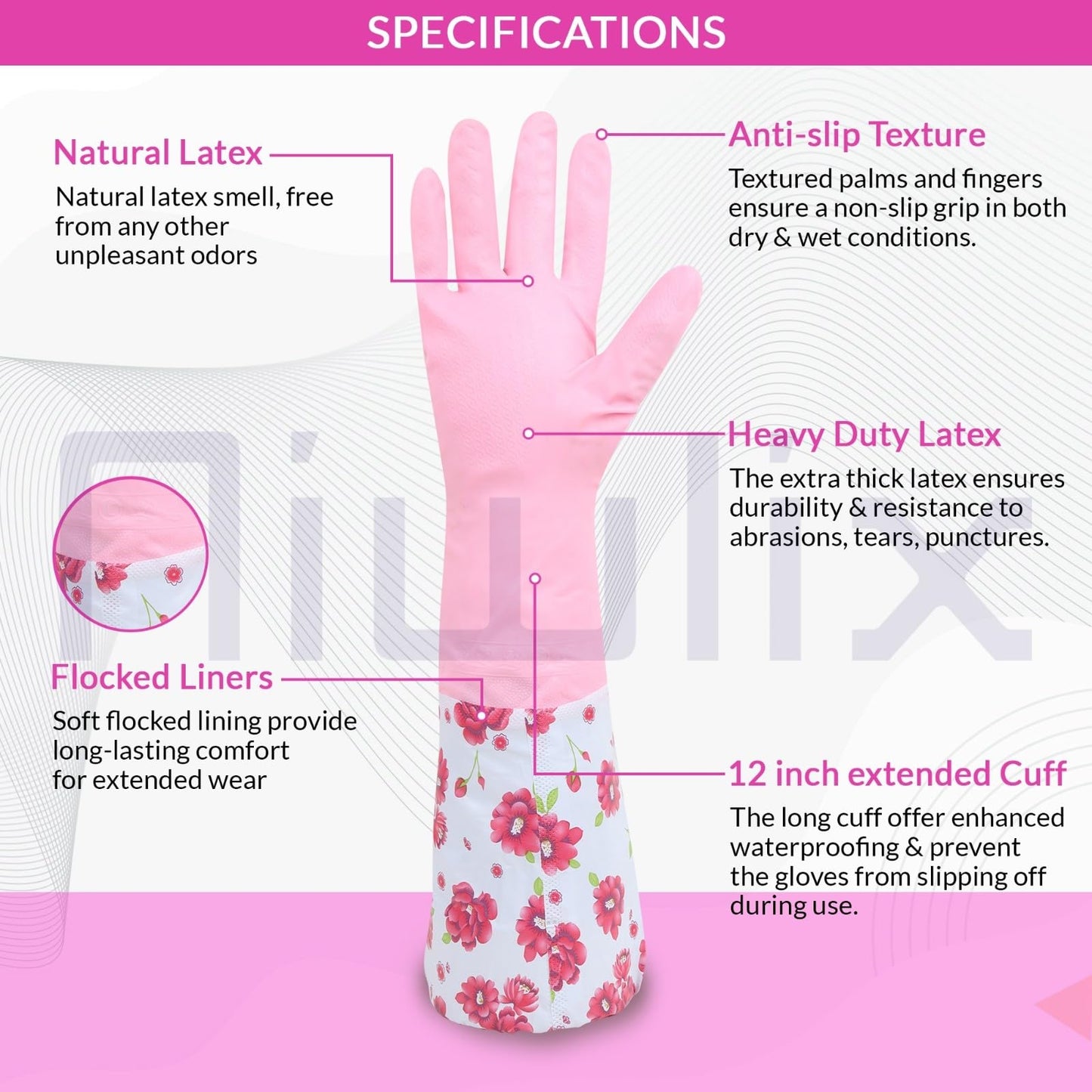 Niwlix Hand Gloves For Kitchen Dishwashing, Gardening, Cleaning Non-Slippery & Durable Long Elbow Length (Pink)
