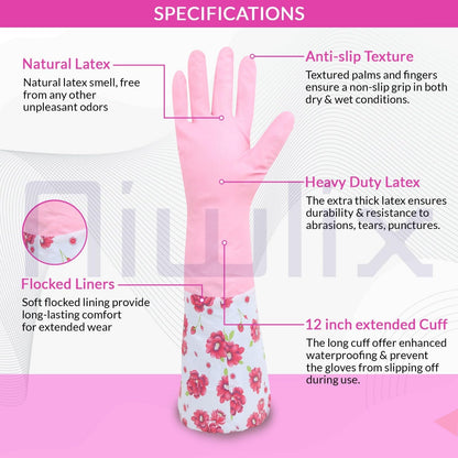 Niwlix Hand Gloves For Kitchen Dishwashing, Gardening, Cleaning Non-Slippery & Durable Long Elbow Length (Pink)