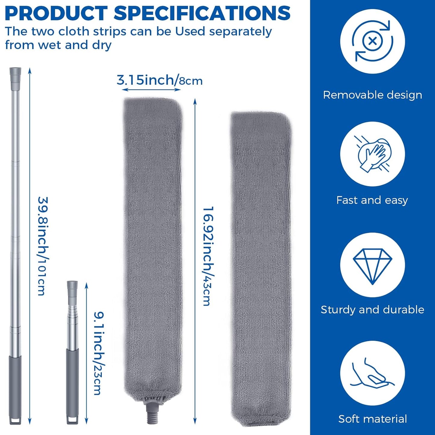 Retractable Gap Dust Cleaner Dusting Tools Microfiber Duster Gap Dust Brush Telescoping Long Handle 60inches Washable and Retractable Duster Brush for Cleaning Under Appliances Furniture Couch Fridge