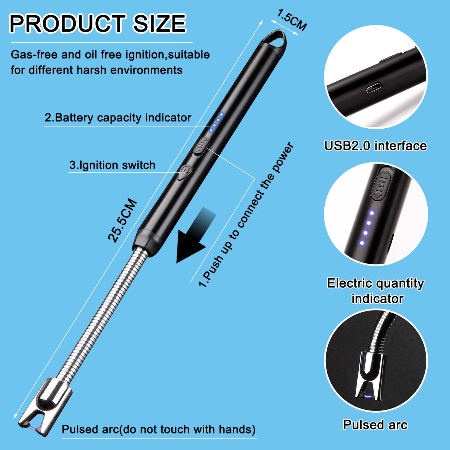 Light Arc, Electric Lighter, USB Rechargeable Electric LED Display Stick Lighter with Long Flexible Neck Suitable for Kitchen, Lights, Gas Stoves, Barbecue (Red)