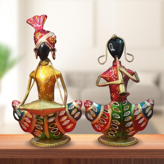 pranjals house Tribal Rajasthani Musician Metal Showpiece, Idol & Statue for Home Living Room Office Bedroom Table Top with Tealight Holder, Perfect for Gifting Size-8.5 x 5 Inches