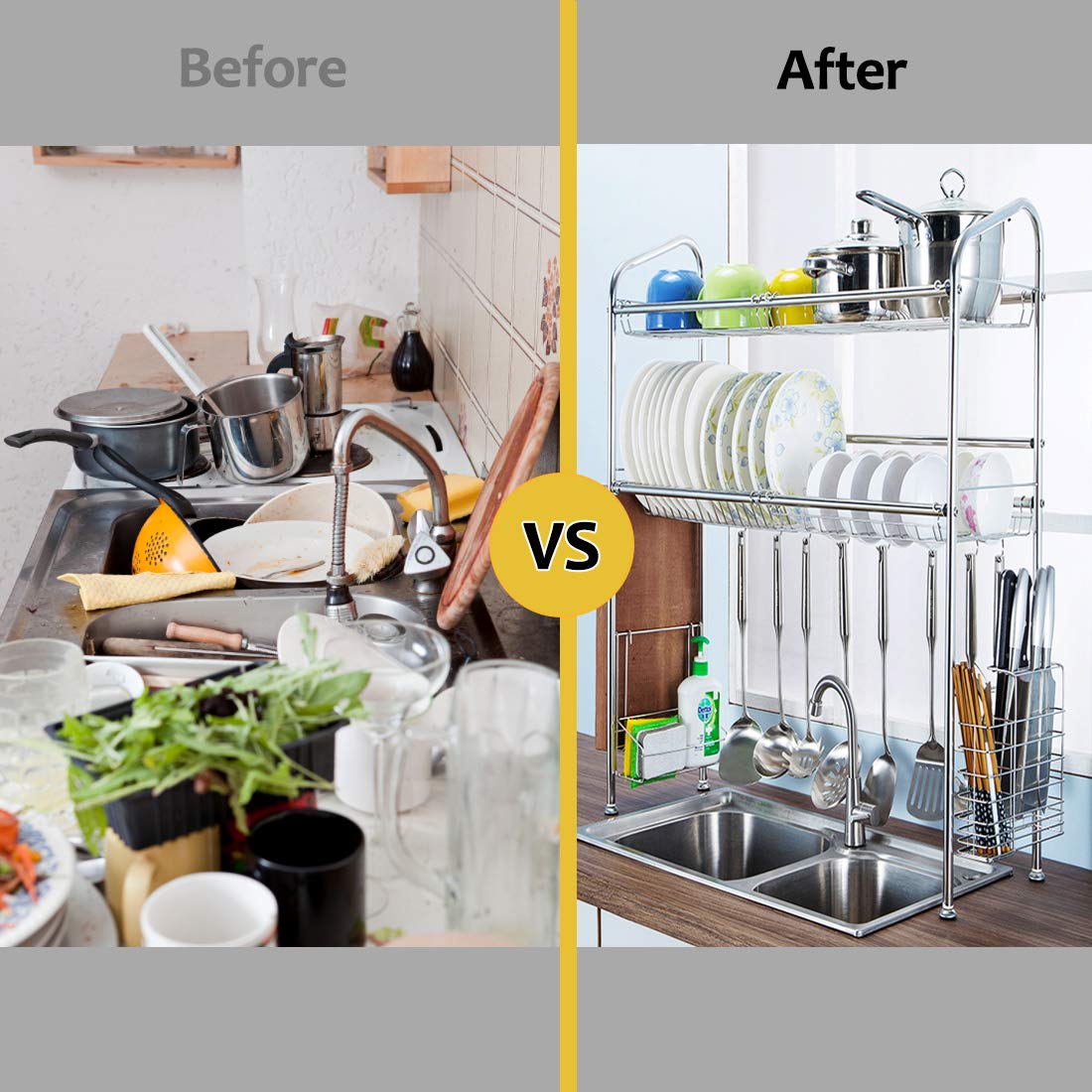 Over The Sink Dish Drying Rack, Haotrend Stainless Steel Dish Rack with Utensil Holder Hooks for Kitchen Counter Non-Slip (2-Tier Dish Rack, 37 inches)