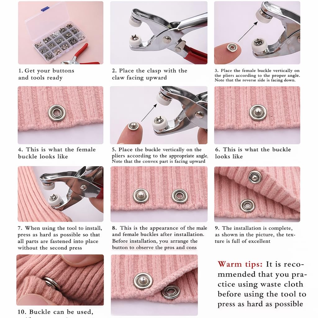 Coslifestore Premium Snap Button Fastener Tool Kit – 100 Sets 9.5mm Metal Fasteners with Hand Pliers Tool, Five-Claw Copper Buckles for Sewing, Garment Stapler, DIY Crafts, Baby Clothes, Leather, Hats, Bibs & Rompers