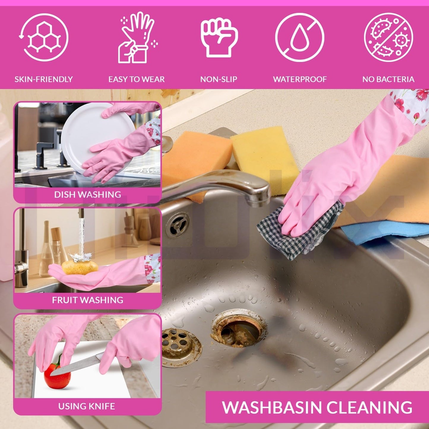 Niwlix Hand Gloves For Kitchen Dishwashing, Gardening, Cleaning Non-Slippery & Durable Long Elbow Length (Pink)