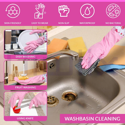 Niwlix Hand Gloves For Kitchen Dishwashing, Gardening, Cleaning Non-Slippery & Durable Long Elbow Length (Pink)